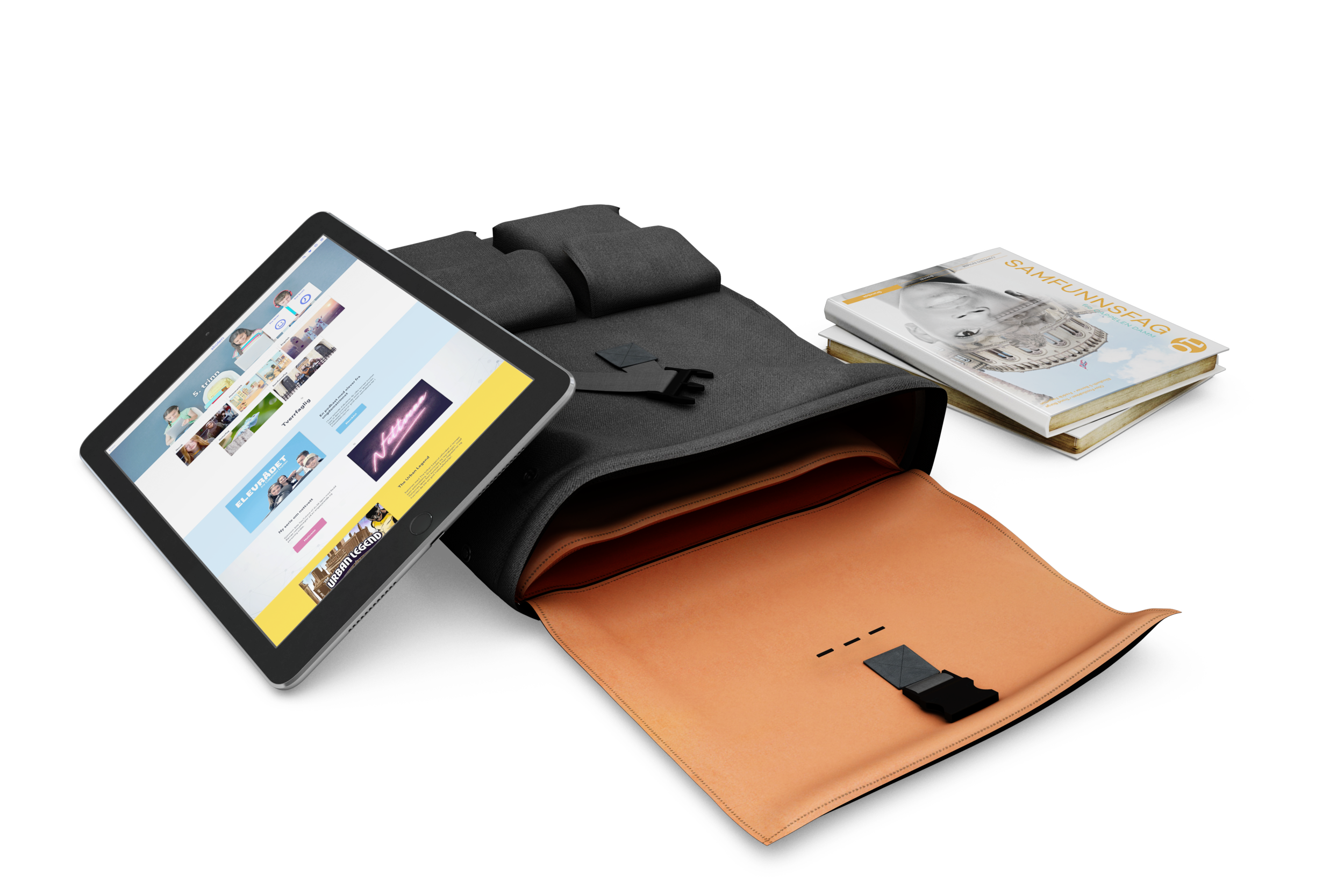 Skolebøker med iPad som viser Skolen