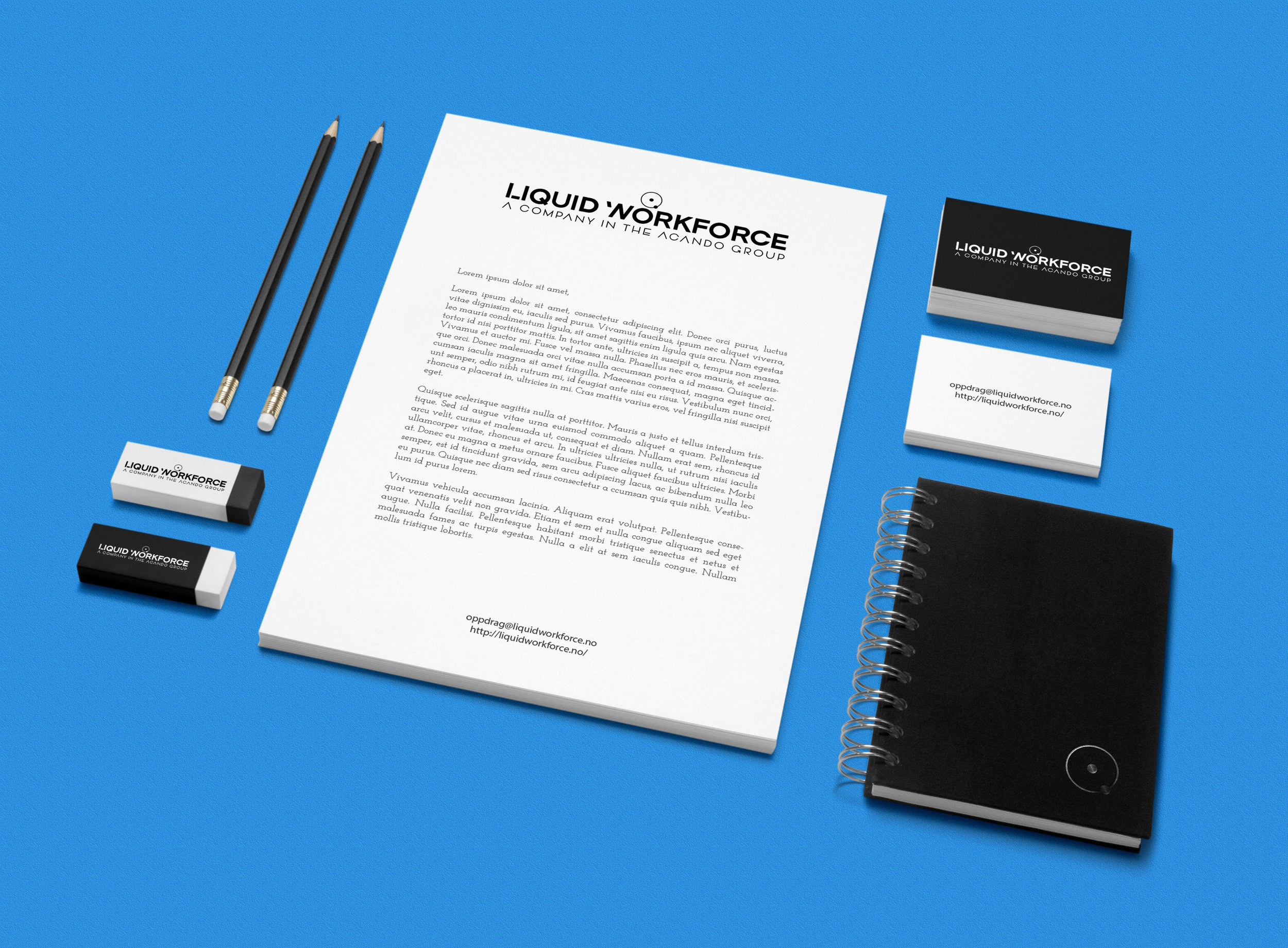 Mockup av Liquid Work Force merkevareidentitet