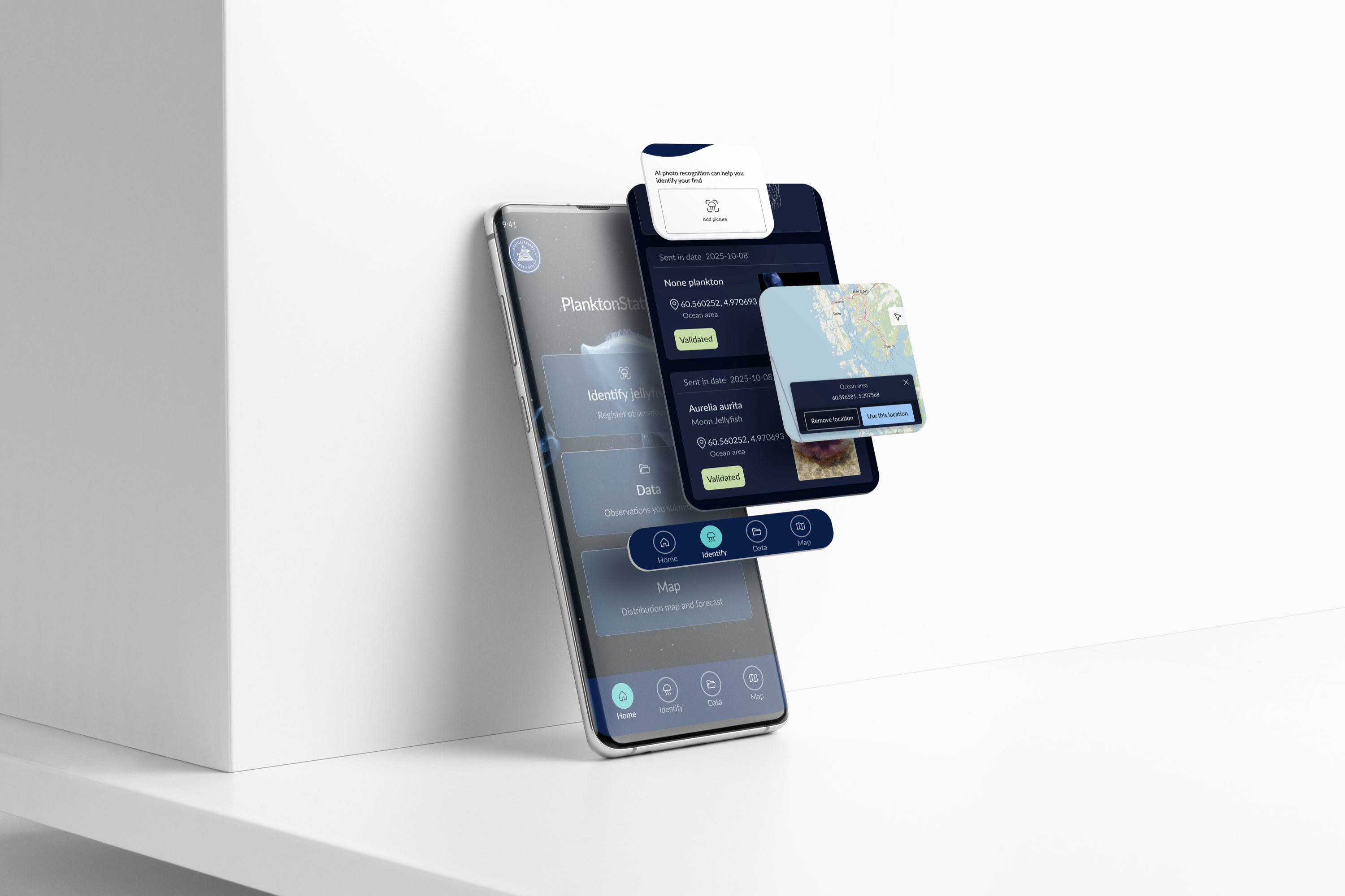 PlanktonStatus app mockup — home, AI identification, observation detail, and map location