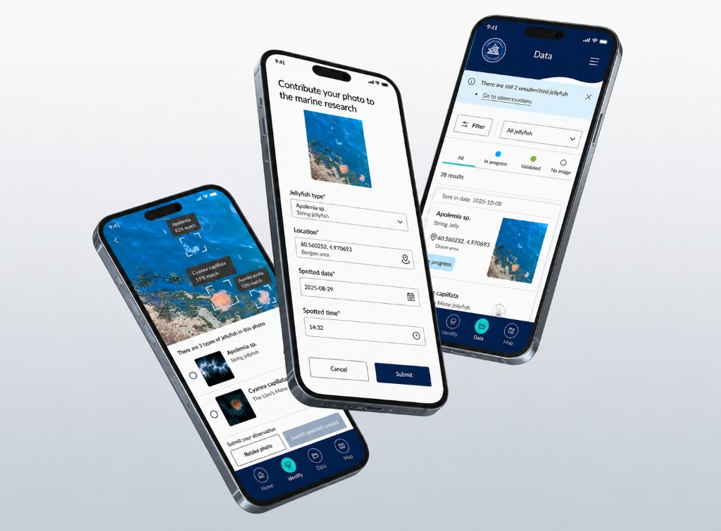 PlanktonStatus-skjermer — AI-identifisering med treffsikkerhet, autofylt observasjonsskjema og liste over innsendte data