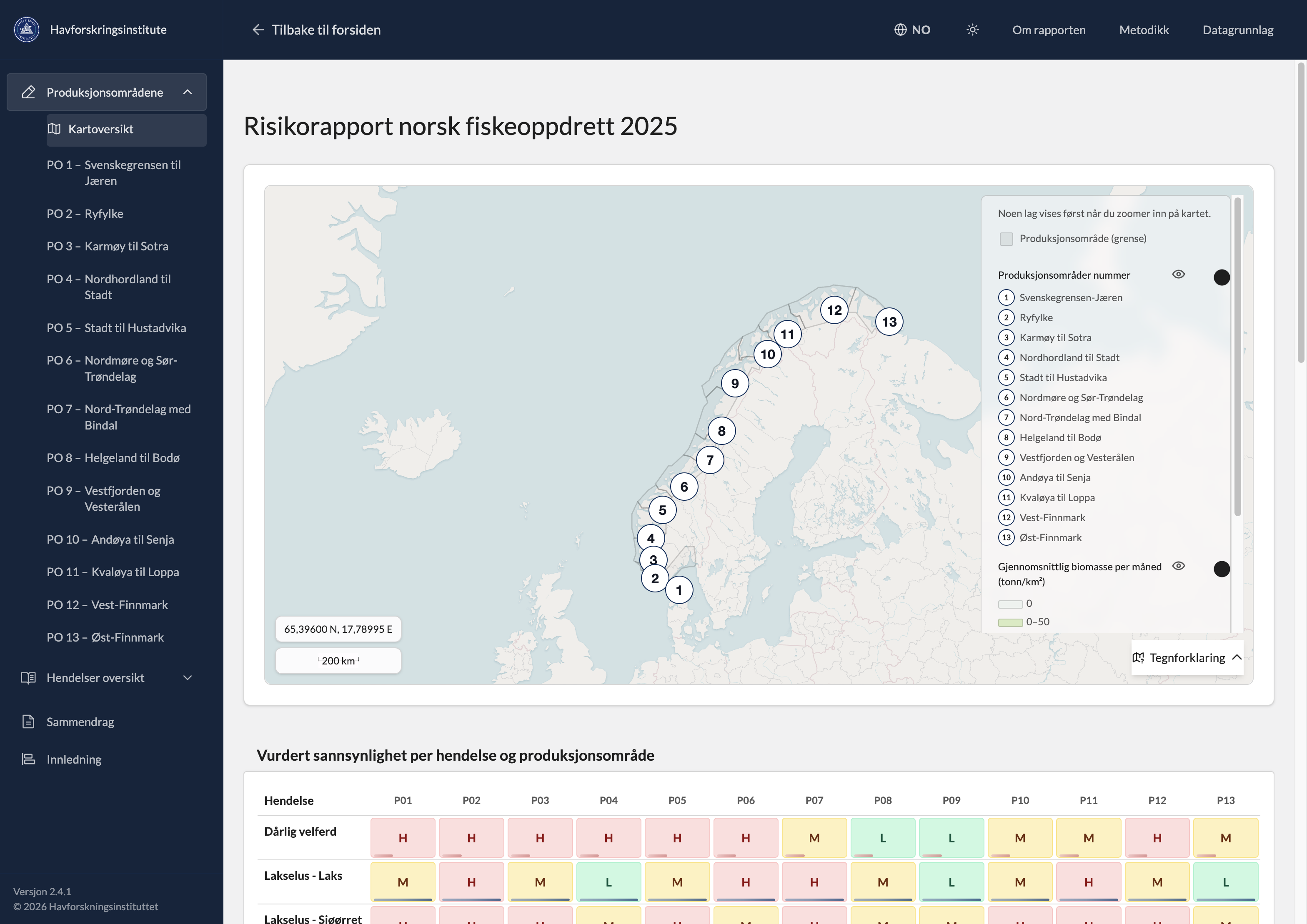 Risikorapport 2025 public report — map overview and risk probability table