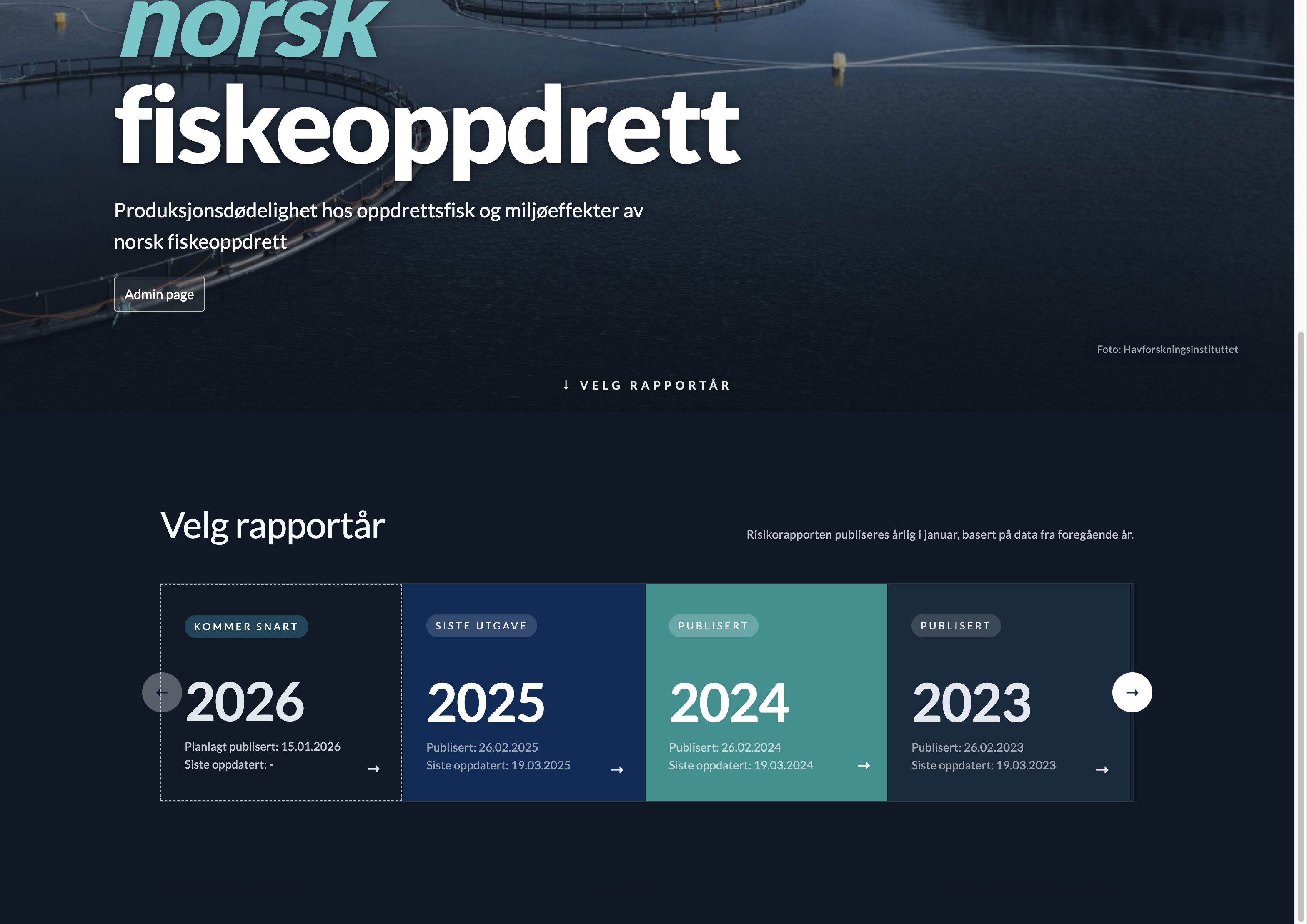 Risikorapport public landing page — hero and year archive