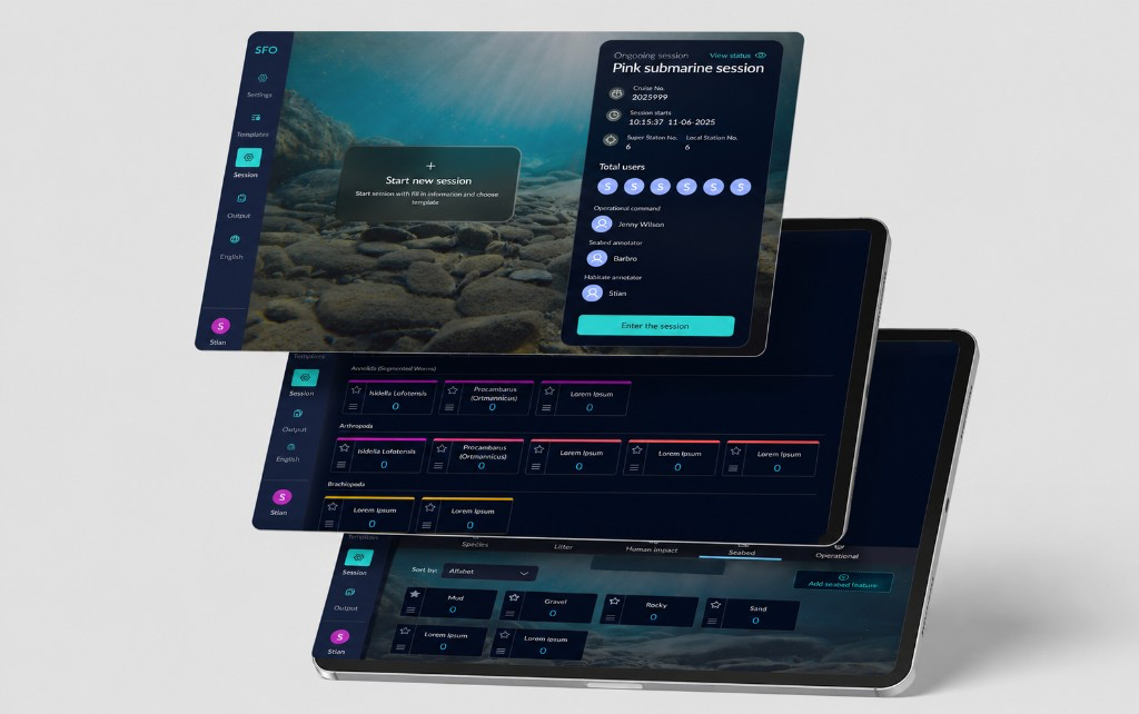 SFO iPad-mockups — sesjonsoppsett, artsannotering og logging av havbunnsforhold